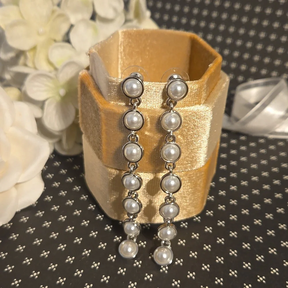 Vintage Bridal style Long Length Drop Pearl Chain Wedding Prom Formal Earrings - Picture 4 of 8